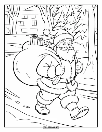 Coloriage de Père Noël pour enfants : Le Père Noël tire un sac de cadeaux dans la neige en laissant des empreintes derrière lui
