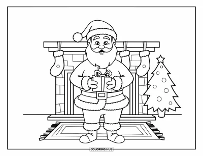 Coloriage de Père Noël pour enfants : Le Père Noël tient un cadeau près de la cheminée, où des chaussettes et des décorations remplissent la pièce