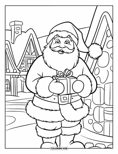 Coloriage de Père Noël pour enfants : Le Père Noël tient un cadeau en se tenant près d'une cheminée géante sur un toit enneigé