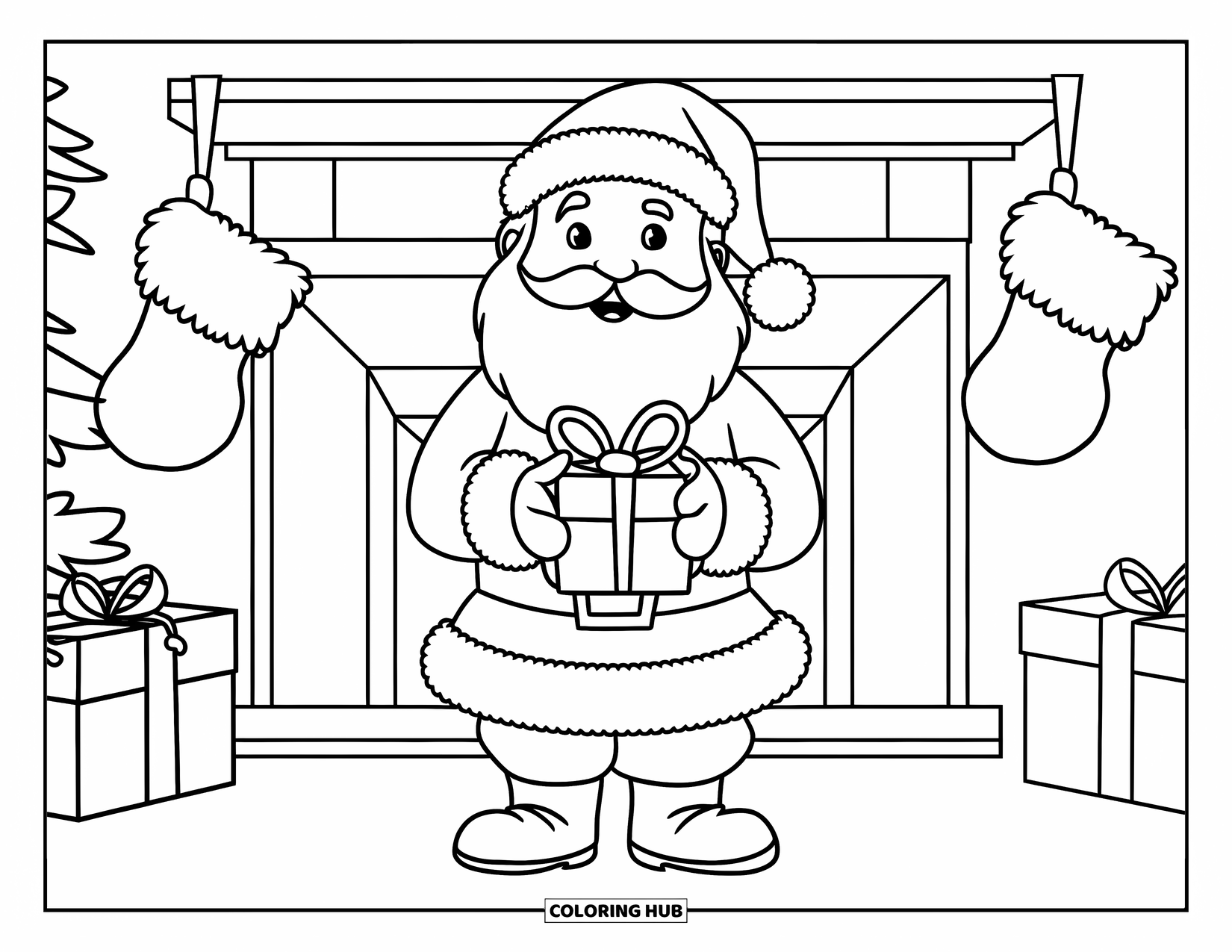 Santa Coloring Page for Kids: Santa holds a wrapped gift while standing near a festive fireplace