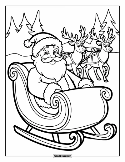 Coloriage de Père Noël pour enfants : Le Père Noël tient fermement les rênes pendant que ses rennes le tirent dans un merveilleux décor hivernal