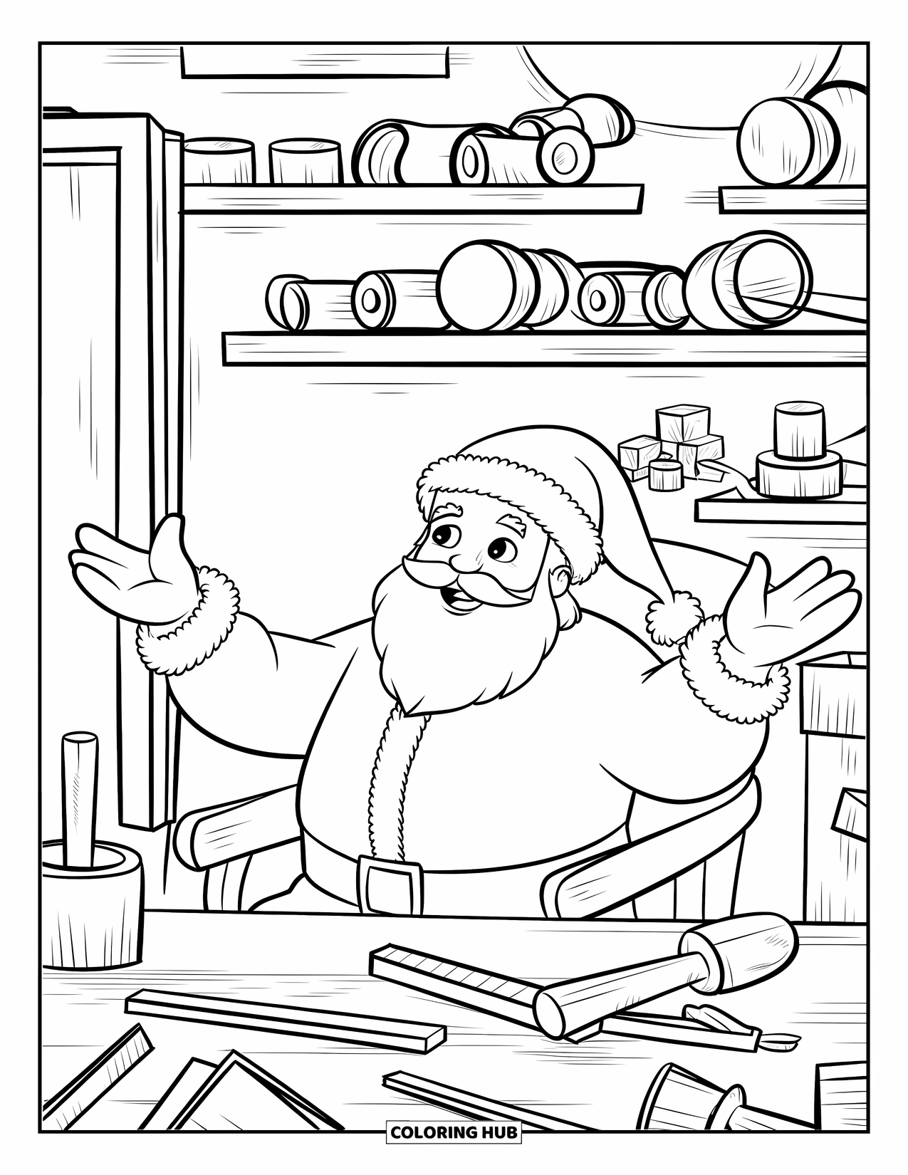 Santa Coloring Page for Kids: Santa is busy in his workshop, surrounded by toy parts, tools, and wooden shelves