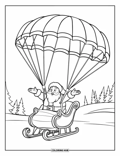 Coloriage de Père Noël pour enfants : Le Père Noël saute joyeusement en parachute depuis son traîneau et descend au-dessus d'un paysage enneigé