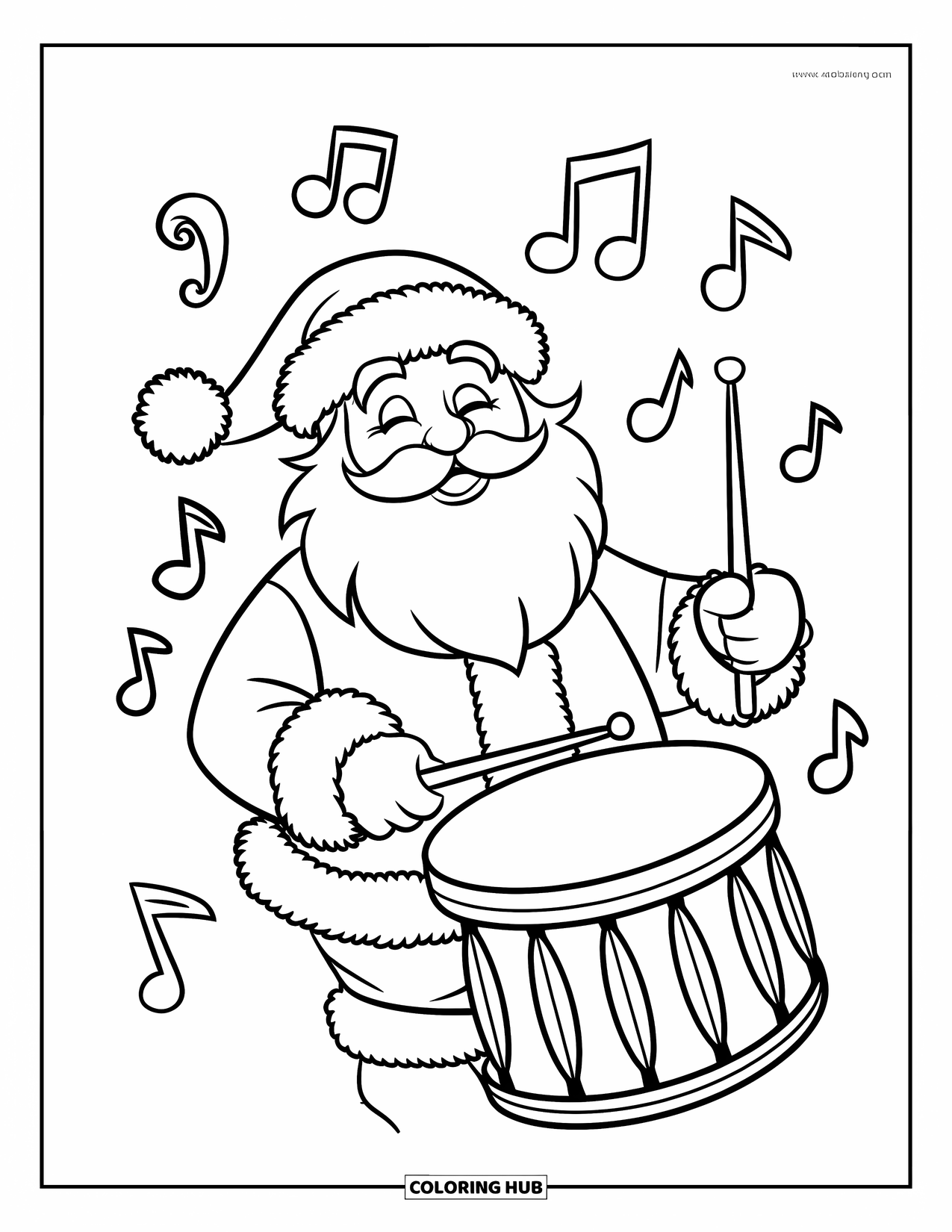 Santa Coloring Page for Kids: Santa joyfully plays a drum, bringing holiday rhythm to the season