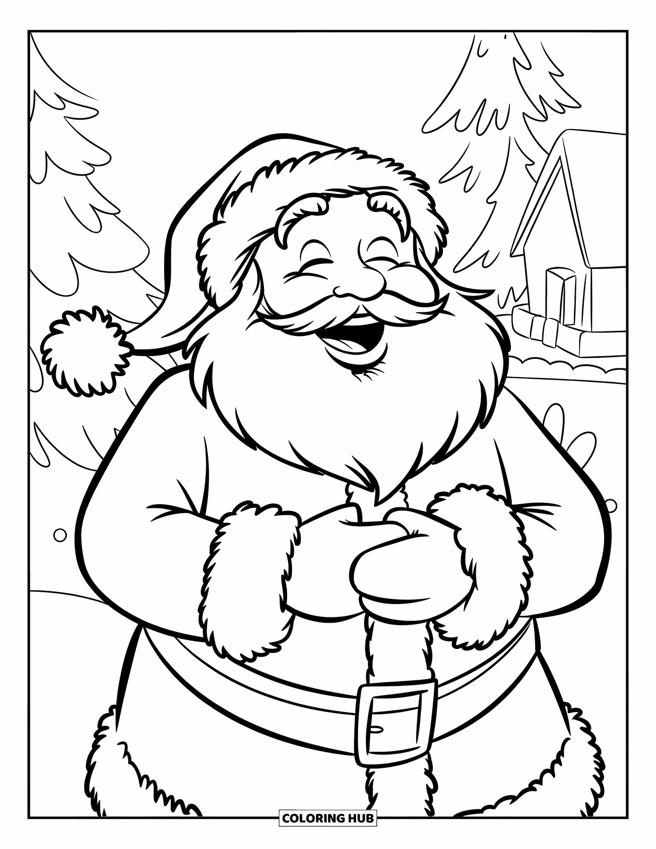 Santa Coloring Page for Kids: Santa laughs heartily, his hands resting on his belly in pure holiday joy