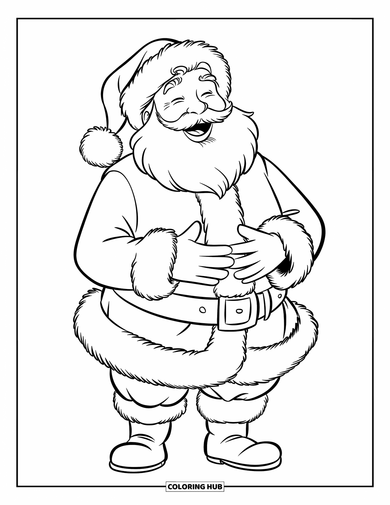 Santa Coloring Page for Kids: Santa laughs with a jolly grin, his belly shaking in holiday cheer