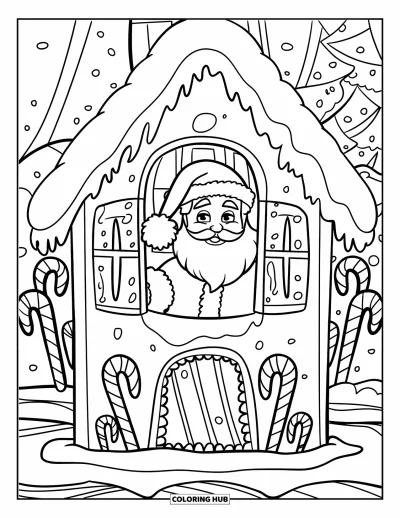 Coloriage de Père Noël pour enfants : Le Père Noël regarde par la fenêtre d'une maison en pain d'épices bien chaleureuse, entourée de douceurs