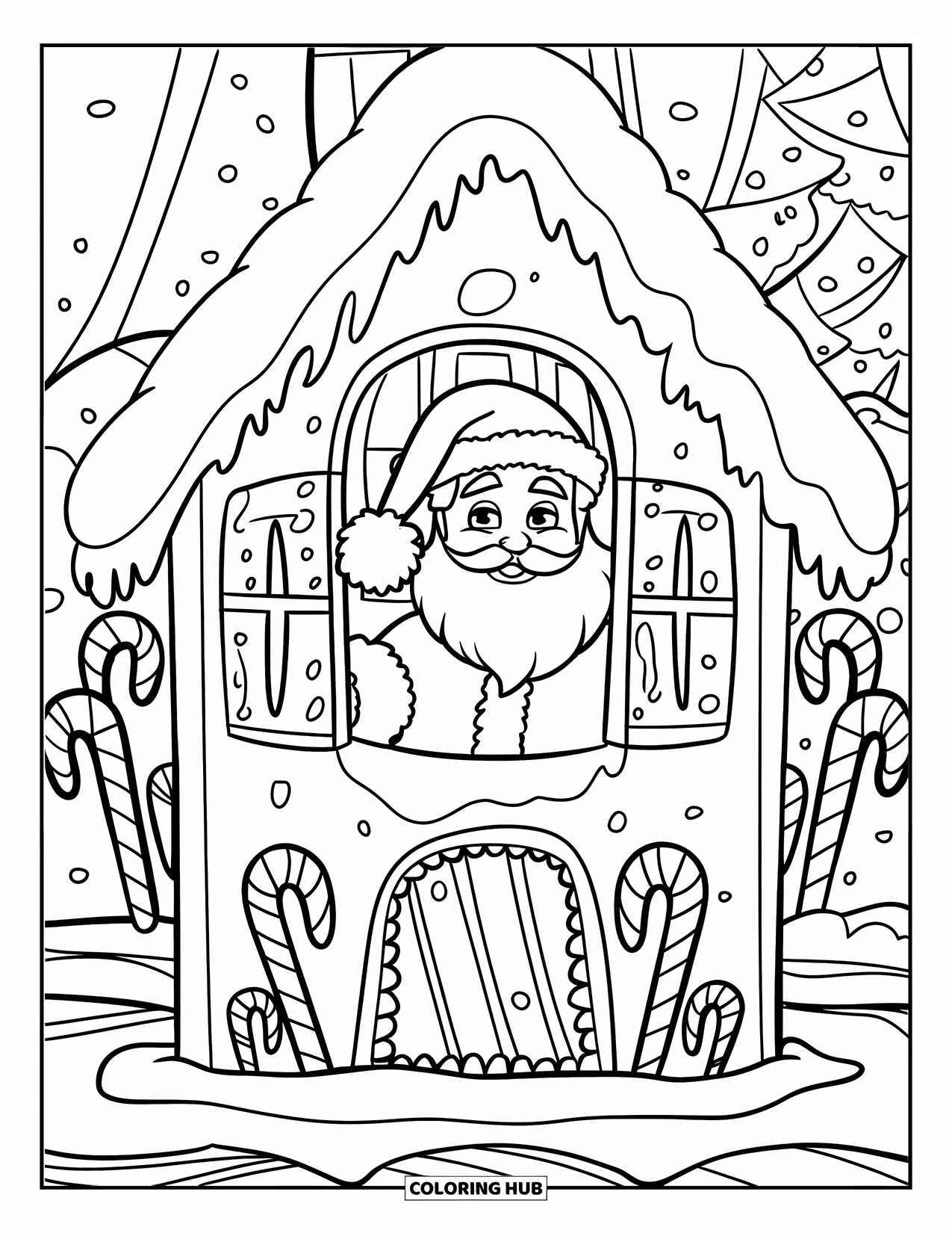 Santa Coloring Page for Kids: Santa looks out the window of a cozy gingerbread house, surrounded by sweets