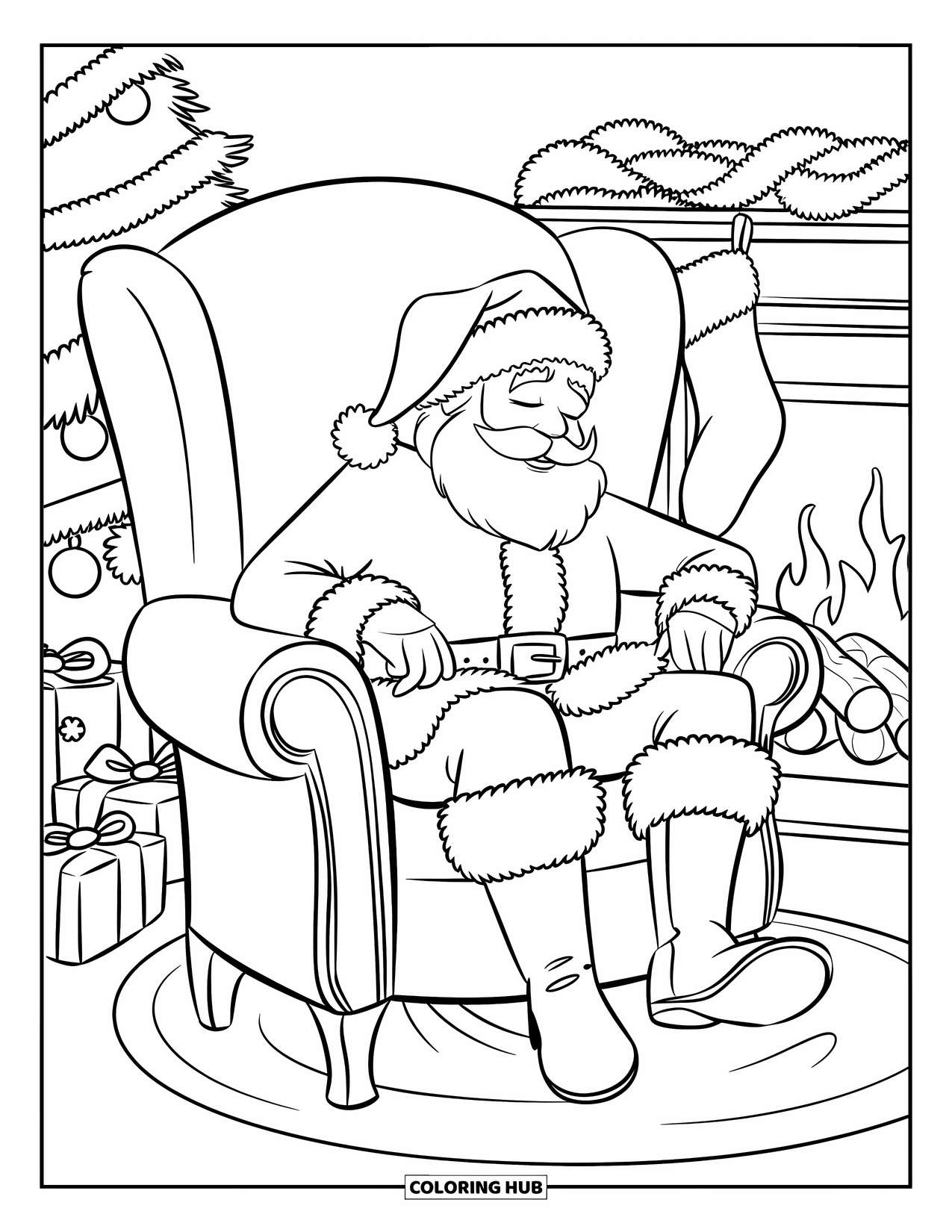 Santa Coloring Page for Kids: Santa naps in a cozy chair, his boots off, near a glowing fireplace
