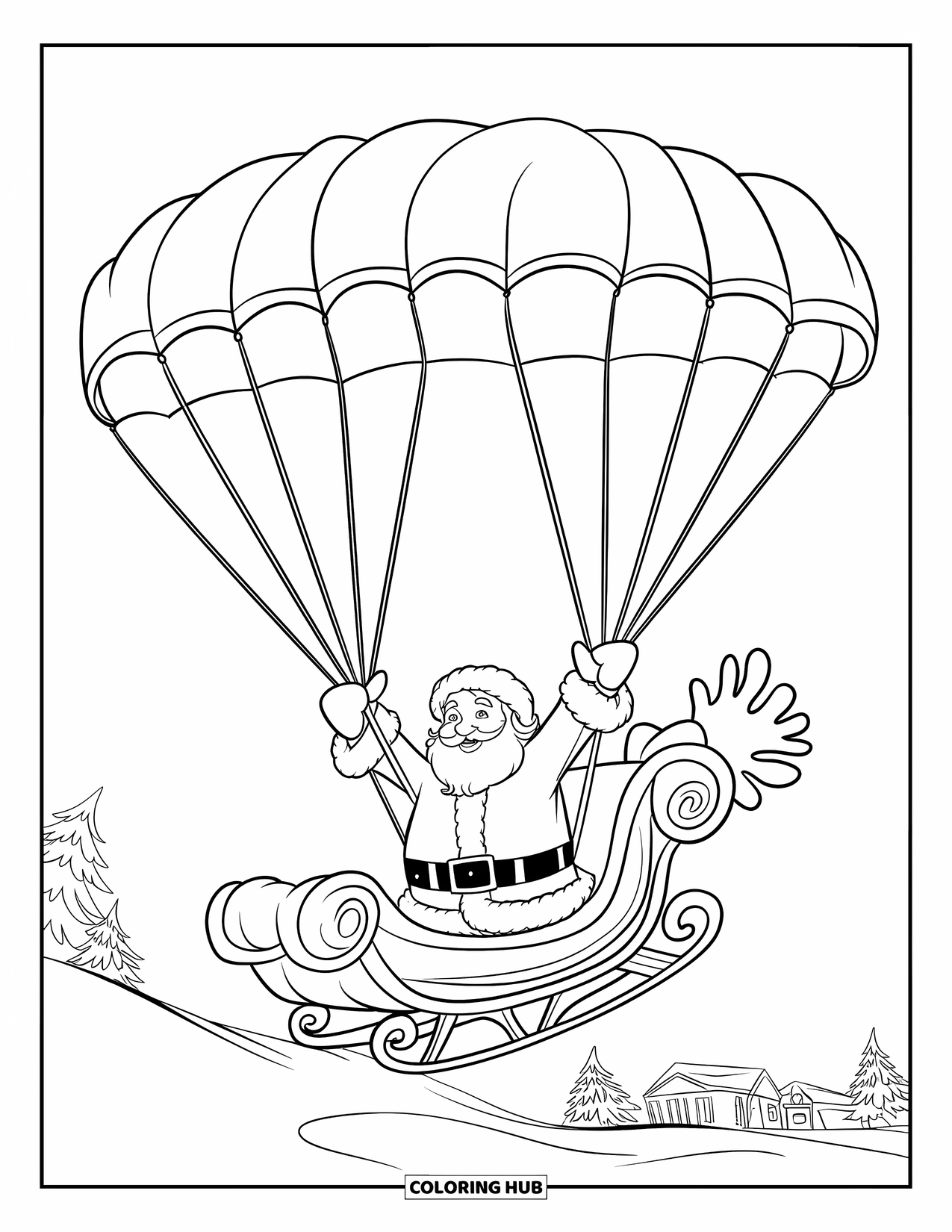 Santa Coloring Page for Kids: Santa parachutes through the sky, his sleigh floating behind him over snowy rooftops