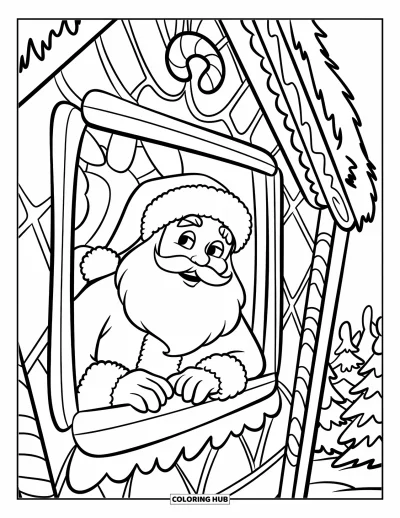 Coloriage de Père Noël pour enfants : Le Père Noël passe la tête à la fenêtre d'une maison en pain d'épices couverte de décorations sucrées