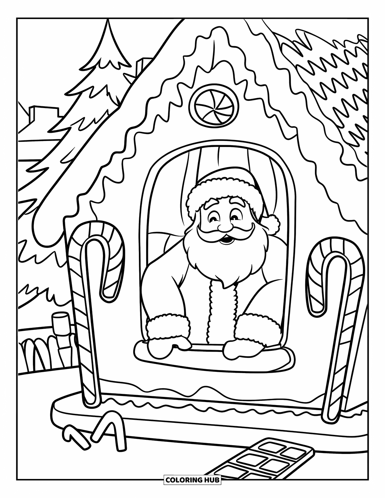 Santa Coloring Page for Kids: Santa peeks outside from a gingerbread house, decorated with candy and icing