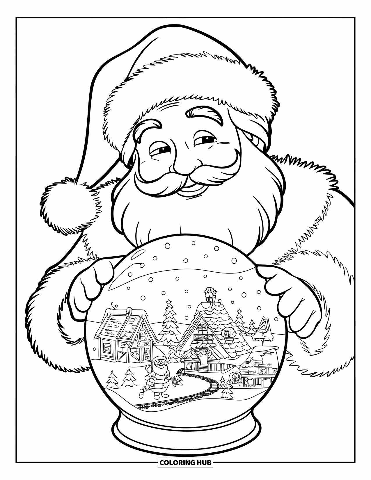 Santa Coloring Page for Kids: Santa peers into a snow globe filled with a miniature Christmas town and twinkling lights