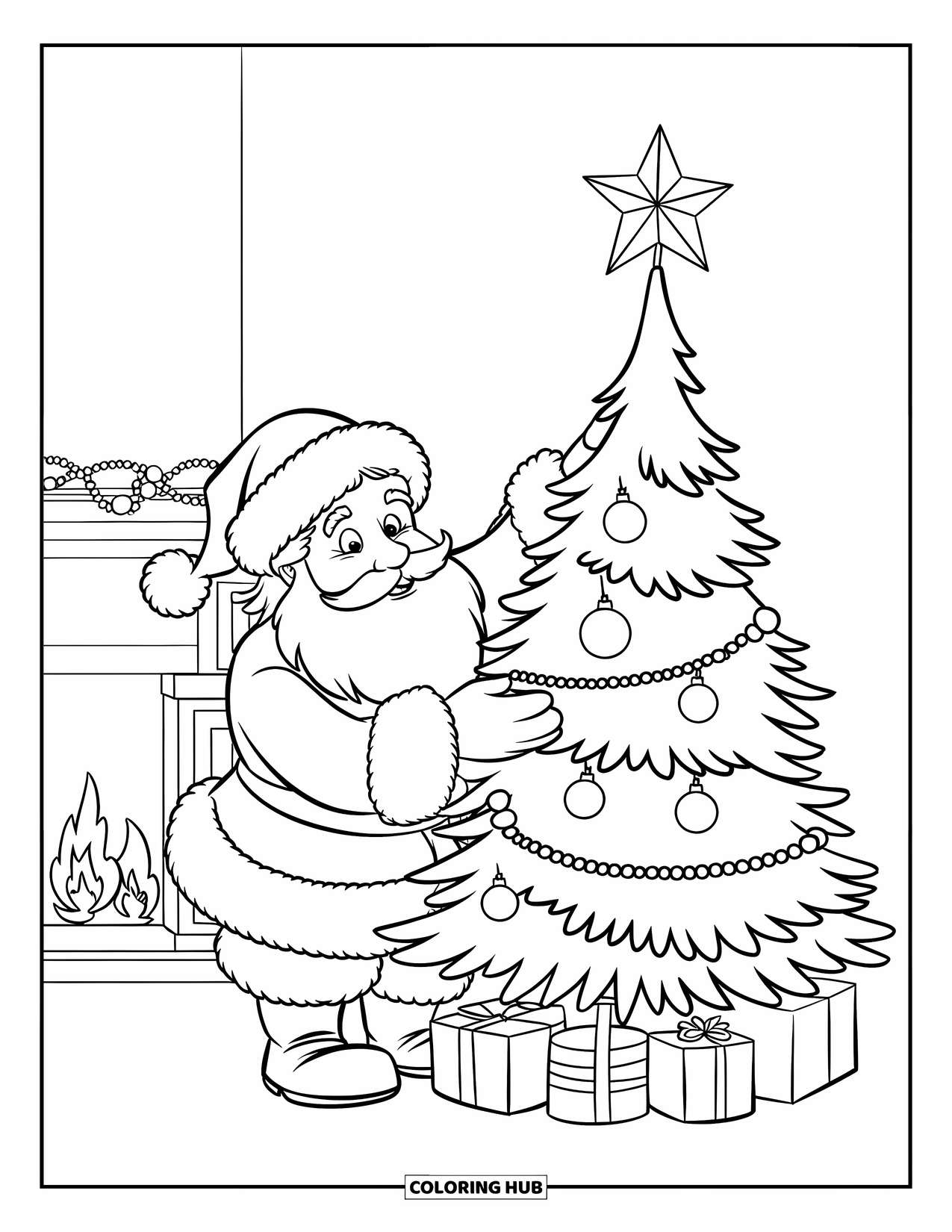 Santa Coloring Page for Kids: Santa places decorations on a Christmas tree, preparing for the holiday season