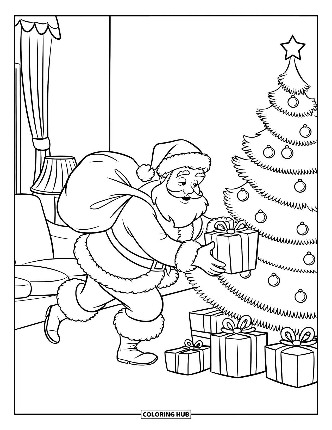 Santa Coloring Page for Kids: Santa places gifts under a beautifully decorated tree in a warm and festive room