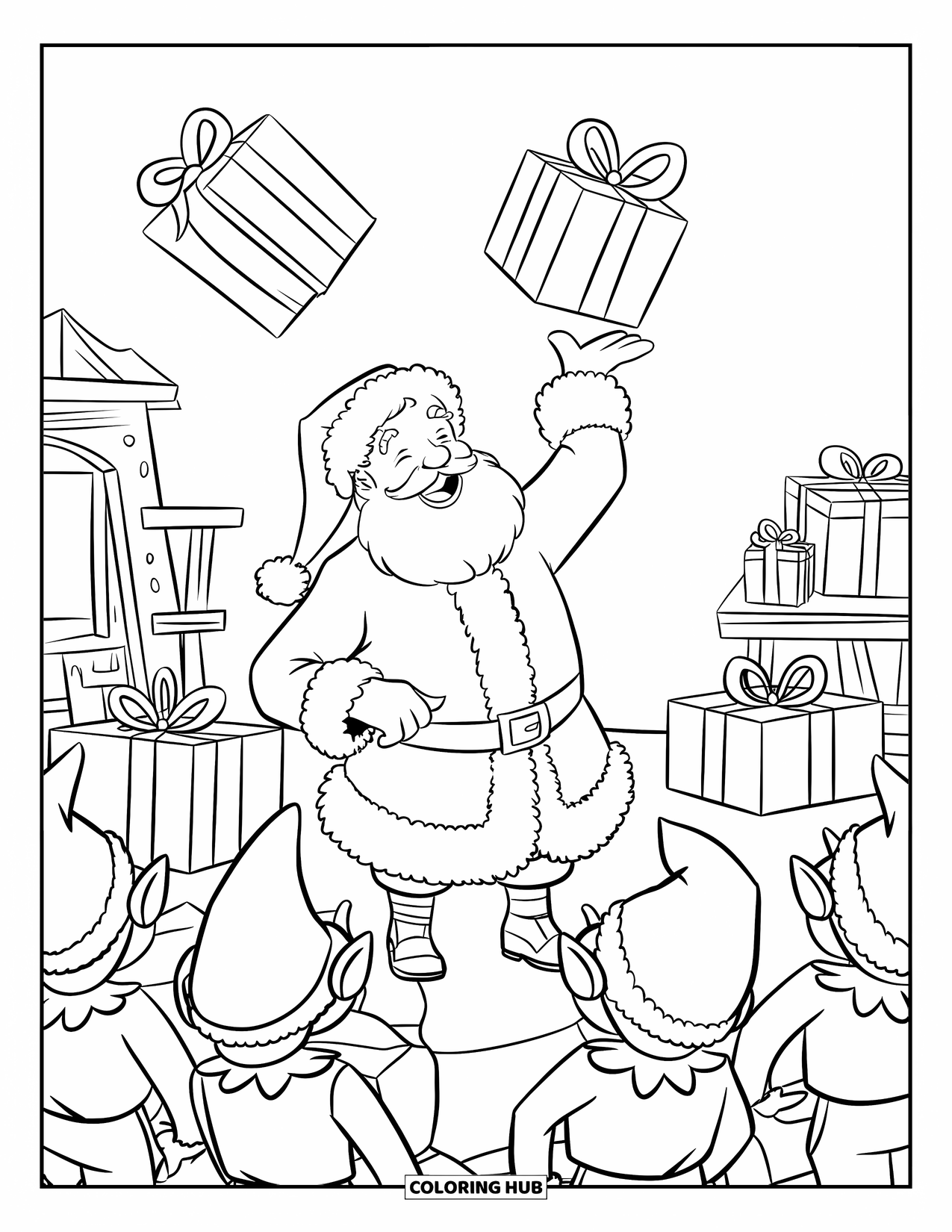 Santa Coloring Page for Kids: Santa playfully flings gifts into the air as elves cheer and try to catch them