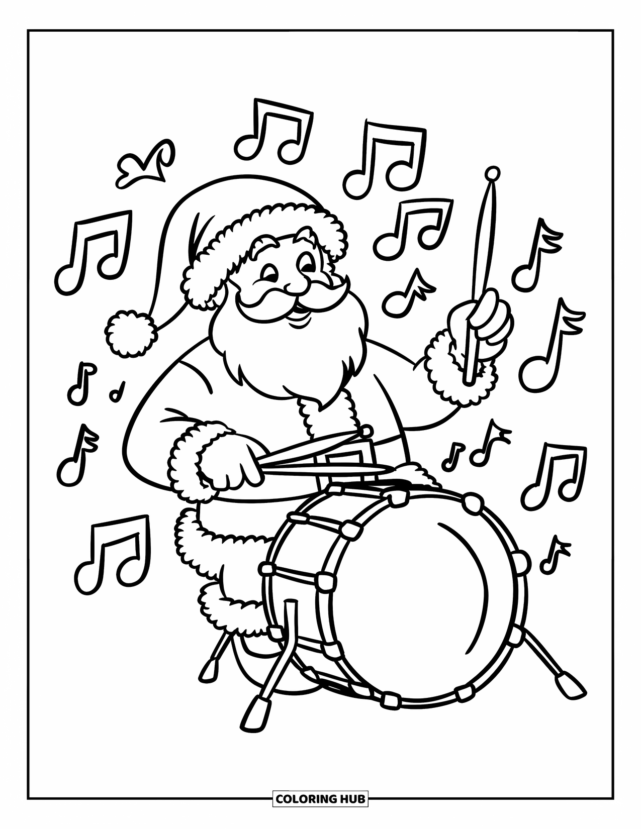 Santa Coloring Page for Kids: Santa plays a drum joyfully, surrounded by floating musical notes in the air