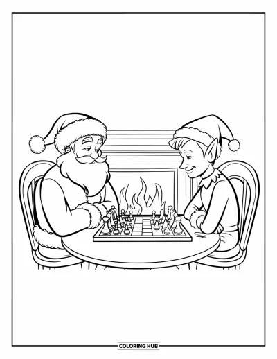 Coloriage de Père Noël pour enfants : Le Père Noël joue aux échecs avec un lutin près d'une cheminée chaude dans une pièce accueillante