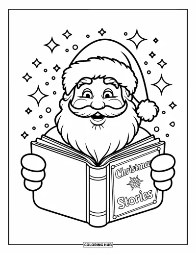 Coloriage de Père Noël pour enfants : Le Père Noël lit un livre d'histoires de Noël pendant que des étincelles magiques flottent autour de lui