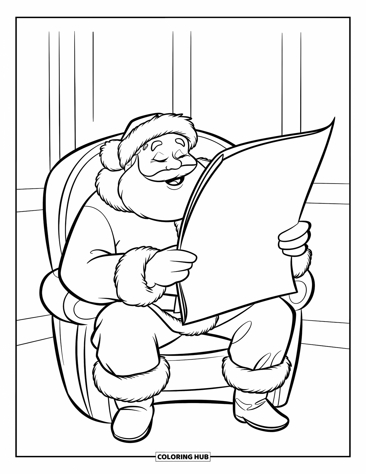 Santa Coloring Page for Kids: Santa reads a never-ending wish list, his eyes scanning all the Christmas requests