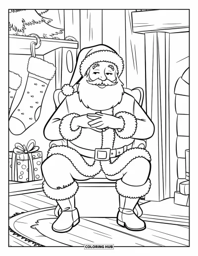 Coloriage de Père Noël pour enfants : Le Père Noël se repose près d'une cheminée crépitante et profite de la chaleur d'une pièce accueillante