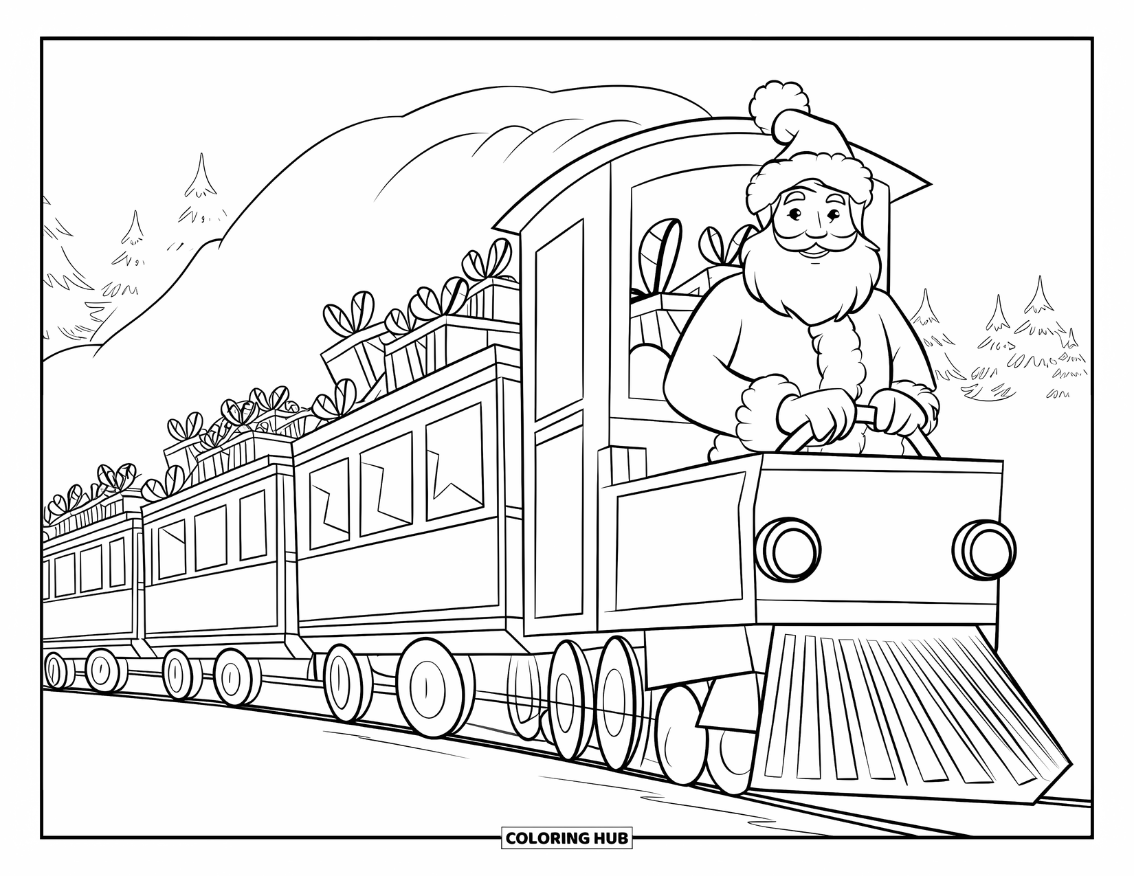 Santa Coloring Page for Kids: Santa rides a train packed with gifts and candy canes through a snowy landscape
