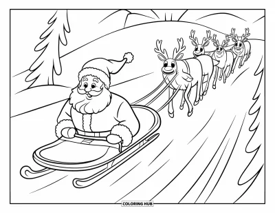 Coloriage de Père Noël pour enfants : Le Père Noël descend une colline enneigée en traîneau, tenant les rênes de son équipe de rennes