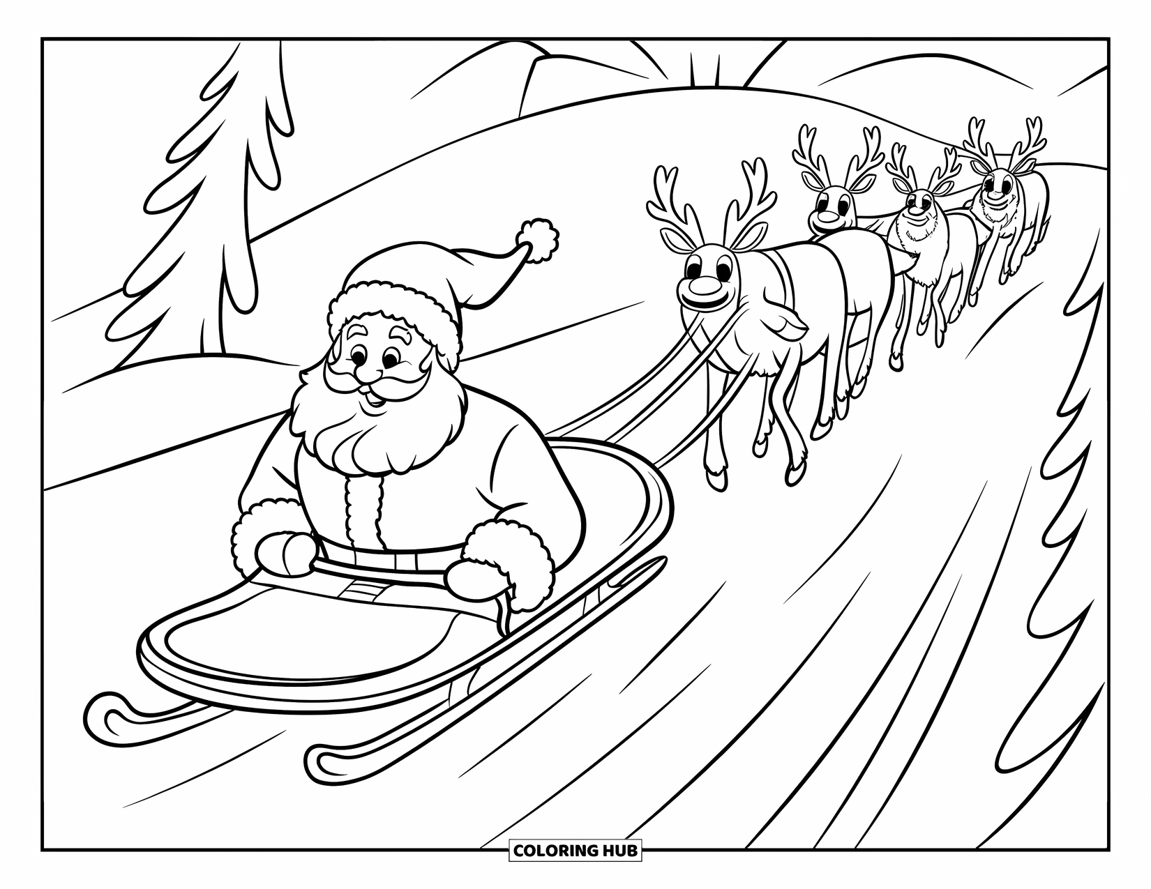 Santa Coloring Page for Kids: Santa rides his sled down a snowy hill, holding the reins of his reindeer team