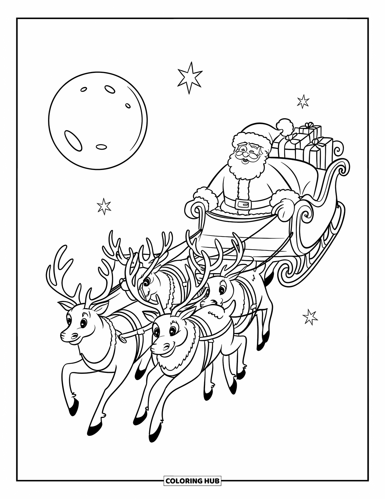 Santa Coloring Page for Kids: Santa rides his sleigh high above the clouds, the moon glowing behind him