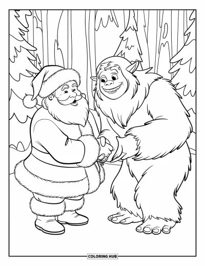 Coloriage de Père Noël pour enfants : Le Père Noël serre la main d'un yéti amical dans une forêt enneigée, tous deux souriants