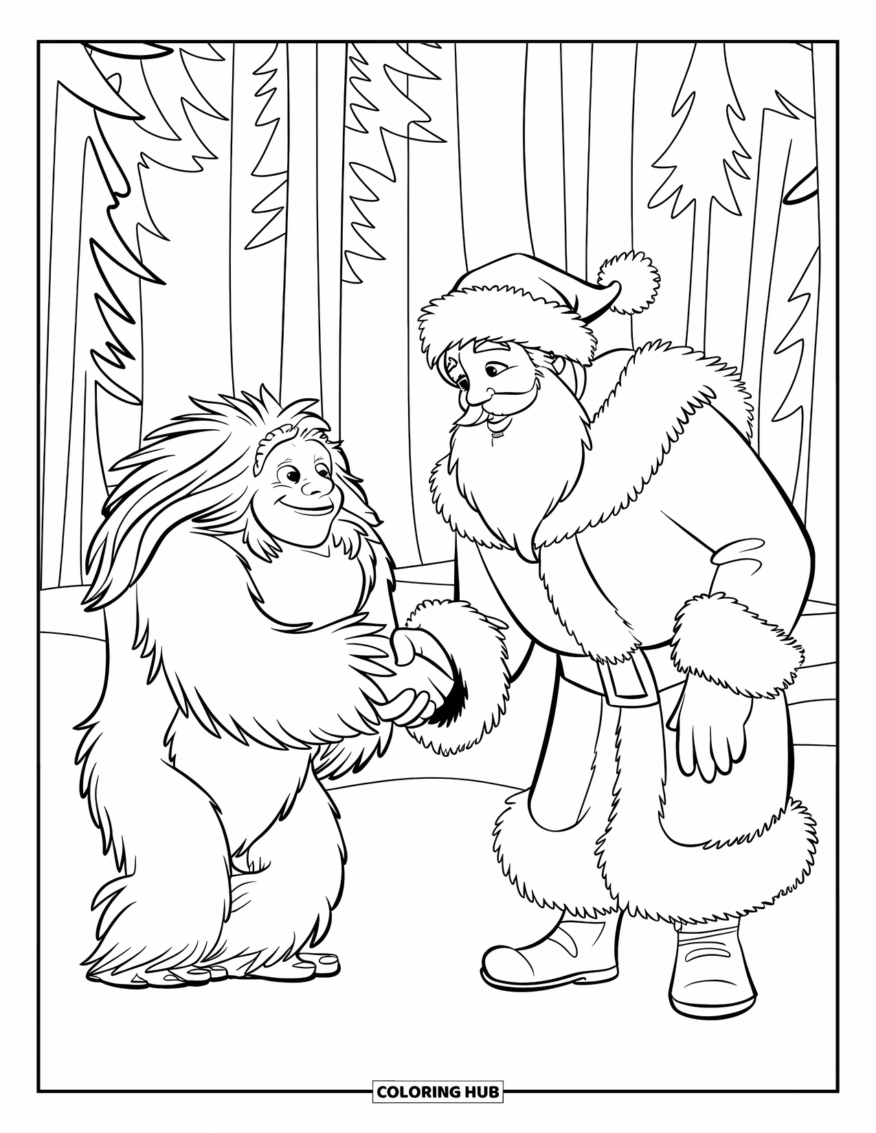 Santa Coloring Page for Kids: Santa shakes hands with a yeti wearing a patterned robe in a snowy forest