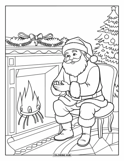 Coloriage de Père Noël pour enfants : Le Père Noël s'assoit près d'une cheminée chaude et réchauffe ses mains après une longue nuit d'hiver