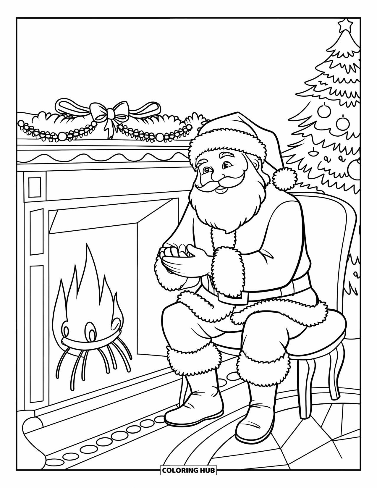 Santa Coloring Page for Kids: Santa sits by a warm fireplace, warming his hands after a long winter night