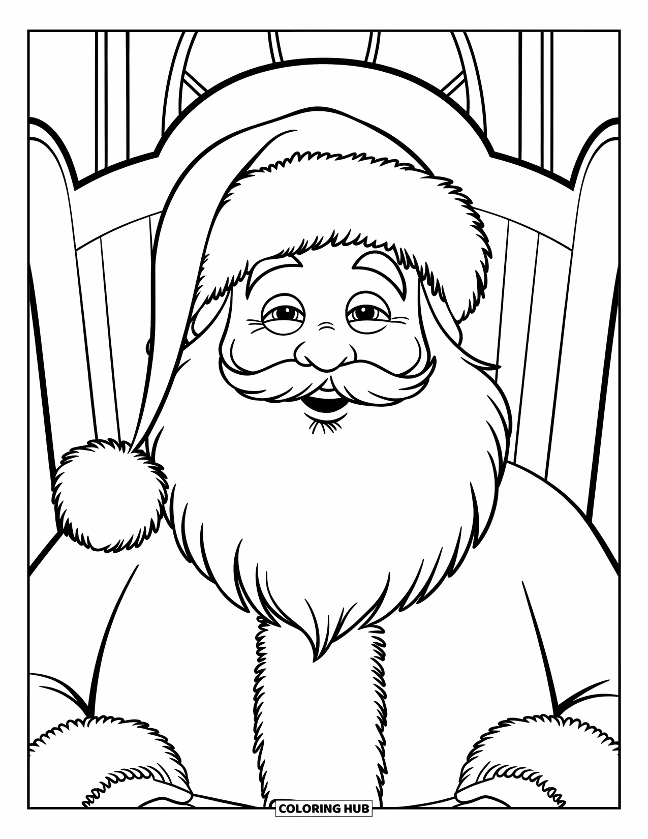 Santa Coloring Page for Kids: Santa sits happily with a fluffy hat and a long beard, ready for Christmas