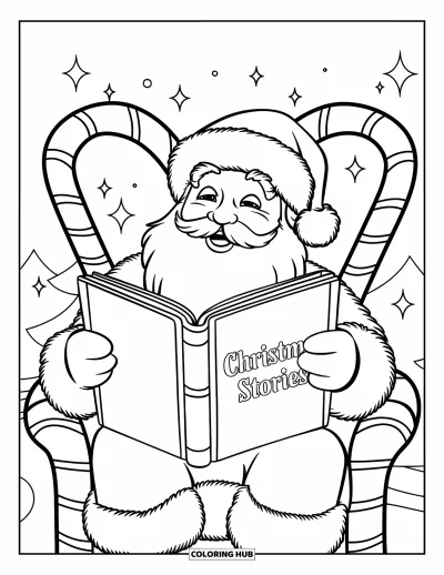 Coloriage de Père Noël pour enfants : Le Père Noël est assis dans un fauteuil en canne en sucre d'orge et lit un livre magique rempli d'histoires de Noël