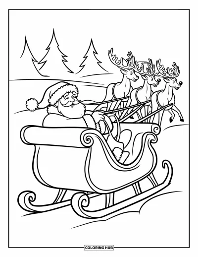 Coloriage de Père Noël pour enfants : Le Père Noël est assis dans son traîneau et guide ses rennes à travers la nuit enneigée