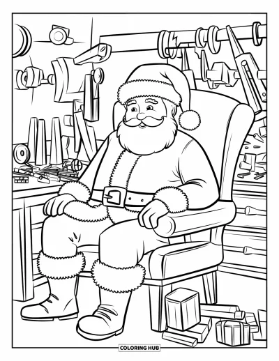 Coloriage de Père Noël pour enfants : Le Père Noël est assis dans son atelier et assemble soigneusement des jouets parmi des outils et des pièces éparpillés