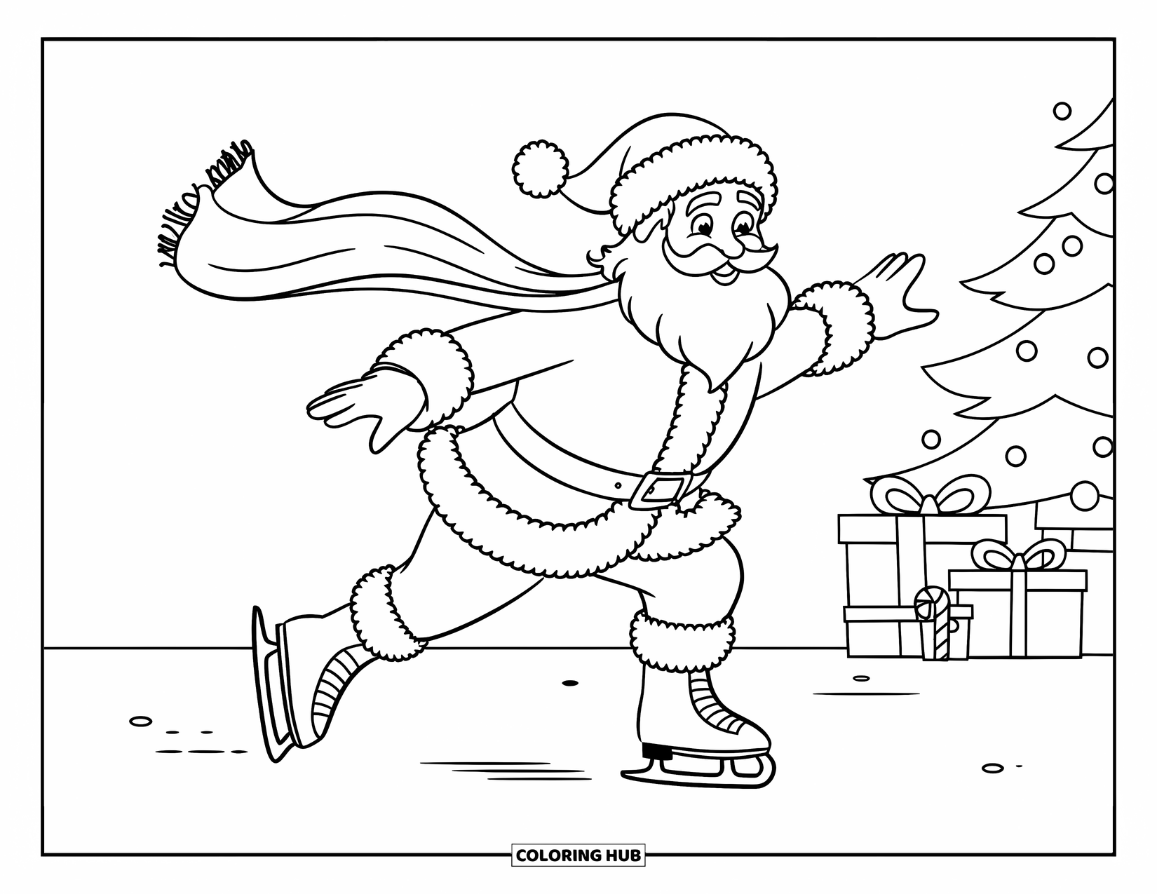 Santa Coloring Page for Kids: Santa skates on a frozen lake, his scarf trailing behind him in the wind