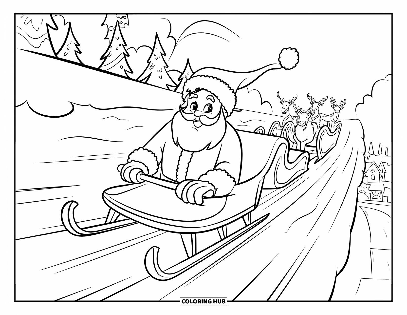 Santa Coloring Page for Kids: Santa sleds down a snowy hill, his hat flying behind him in the wind