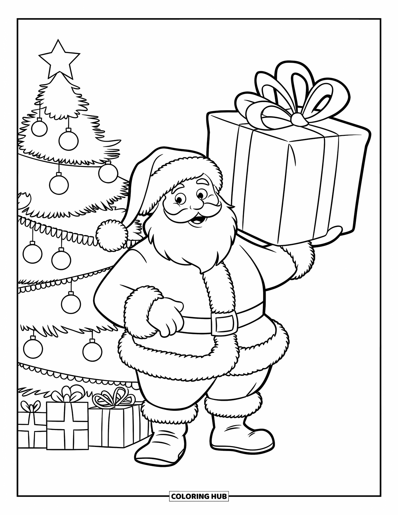 Santa Coloring Page for Kids: Santa smiles as he presents a giant gift beside a glowing Christmas tree