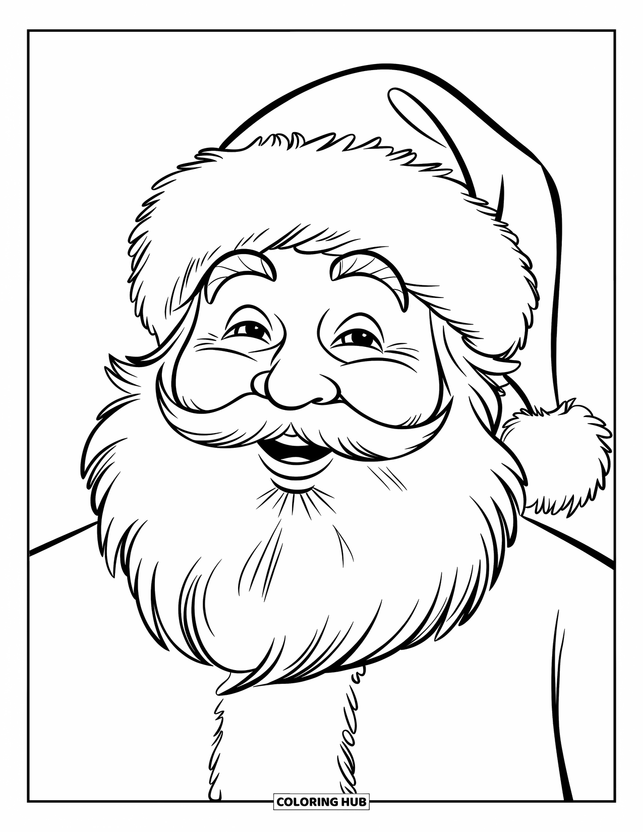 Santa Coloring Page for Kids: Santa smiles warmly, his fluffy hat and long beard giving him a festive look