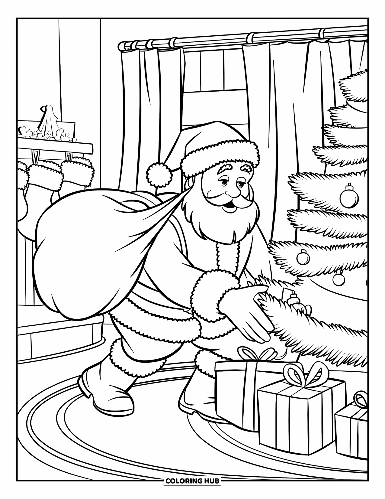 Santa Coloring Page for Kids: Santa sneaks through a living room, carefully placing gifts under the decorated tree