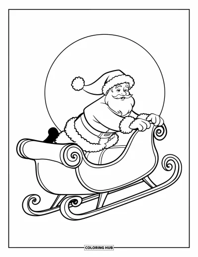 Coloriage de Père Noël pour enfants : Le Père Noël file dans le ciel avec son traîneau, avec une pleine lune derrière lui