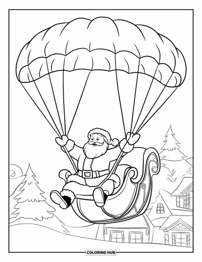 Coloriage de Père Noël pour enfants : Le Père Noël écarte les bras en parachutant depuis son traîneau, descendant vers la ville