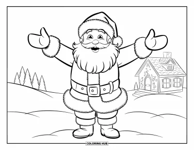Coloriage de Père Noël pour enfants : Le Père Noël ouvre grand les bras dans la neige pour accueillir la saison des fêtes