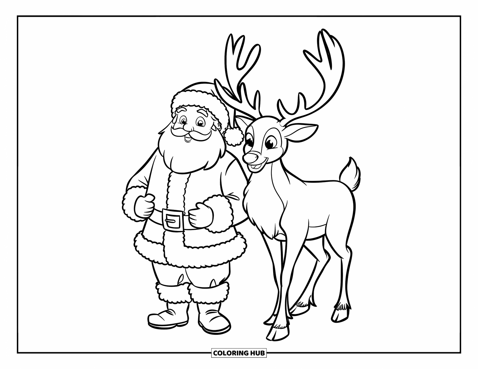 Santa Coloring Page for Kids: Santa stands beside his reindeer, its antlers tall and proud in the snowy scene