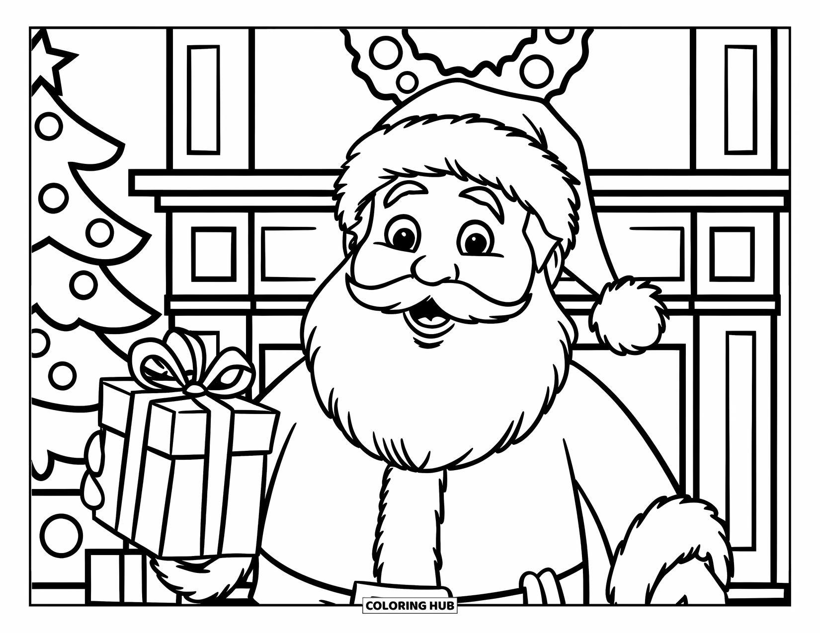Santa Coloring Page for Kids: Santa stands by a fireplace, holding a present while stockings hang above