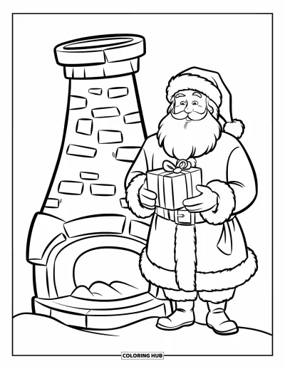 Coloriage de Père Noël pour enfants : Le Père Noël se tient près d'une immense cheminée, un cadeau à la main, pendant que la neige tombe autour de lui