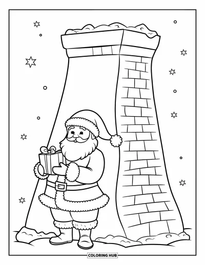 Coloriage de Père Noël pour enfants : Le Père Noël se tient près d'une cheminée gigantesque, tenant soigneusement un cadeau emballé