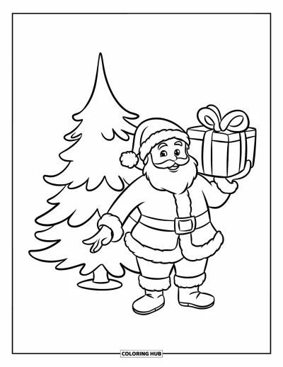 Coloriage de Père Noël pour enfants : Le Père Noël se tient près d'un sapin scintillant et tient un grand cadeau avec un nœud festif